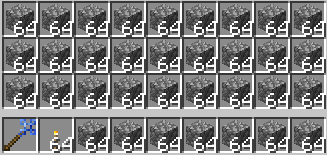 ビルダーズロッド、松明64個、丸石34スタックで埋まったインベントリ