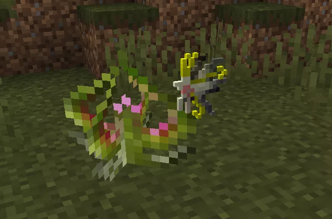 沼地の草地に赤いグラデーションを帯びたくすんだ緑色の葉とピンクの花びらを持つサラセニアが生え、傍らに黄色い妖精がいる様子