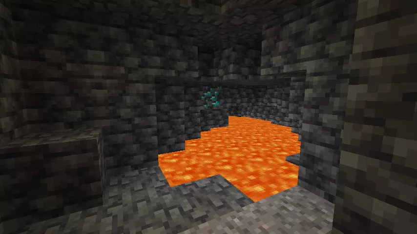 洞窟の奥の溶岩で水没した部分の天井に埋まるダイヤモンド鉱石の様子